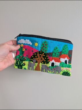 Handmade Felt Zip Pouch with Colorful Village Scene